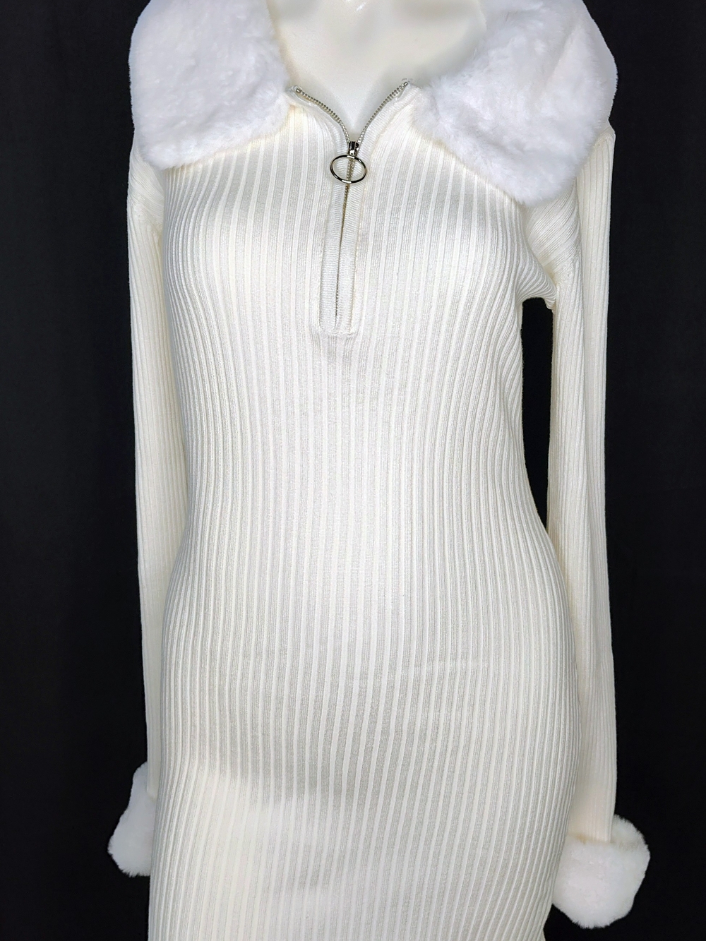 Fashion Nova Ivory Ribbed Zip-Front Sweater Dress w Removable Faux Fur Trim